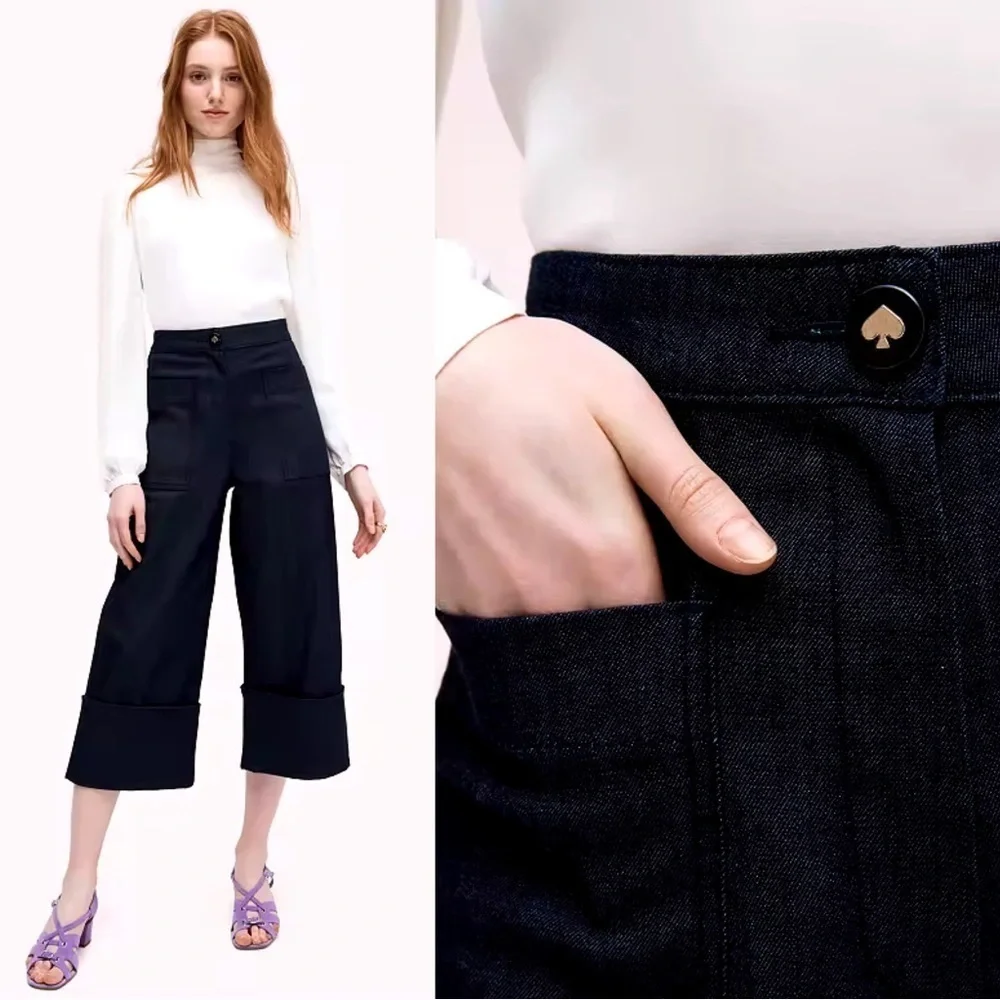 Kate Spade • Cuffed Denim Pant jeans wide leg cropped high waist Dark Peacock